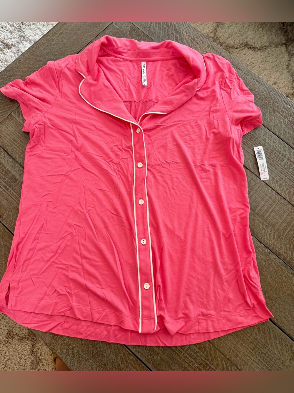 Soma Cool Nights Button-Down PJ top with Contrast Piping in Camellia Rose